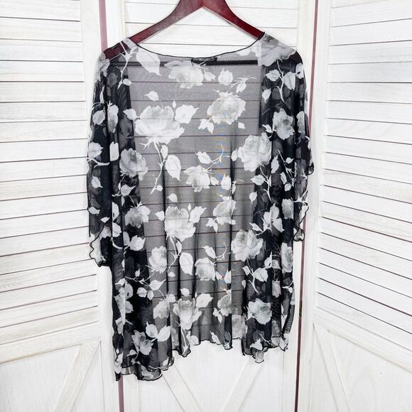 Inner Beauty Floral Sheer Mesh Kimono Topper Open Front Black White XL - Picture 8 of 11